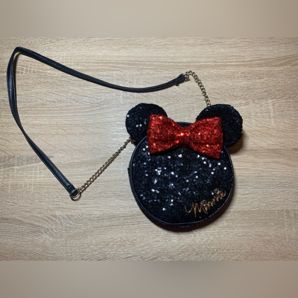 Disney Minnie Mouse Sequin Black Zippered Cross Body Purse with Red Bow